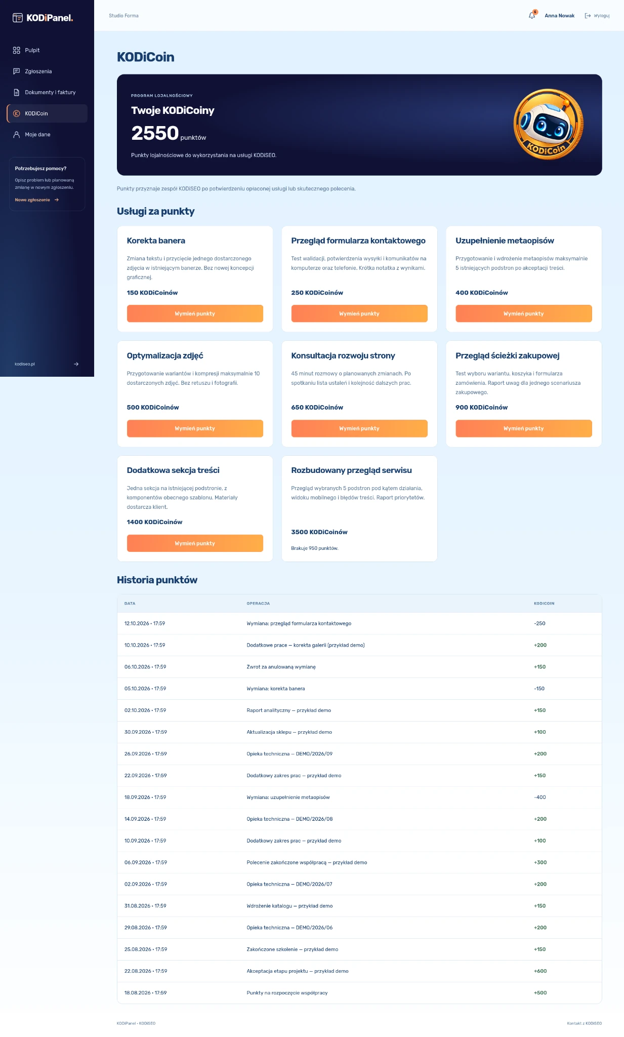 KODiPanel — KODiCoin. Widok przykładowego konta Studio Forma.